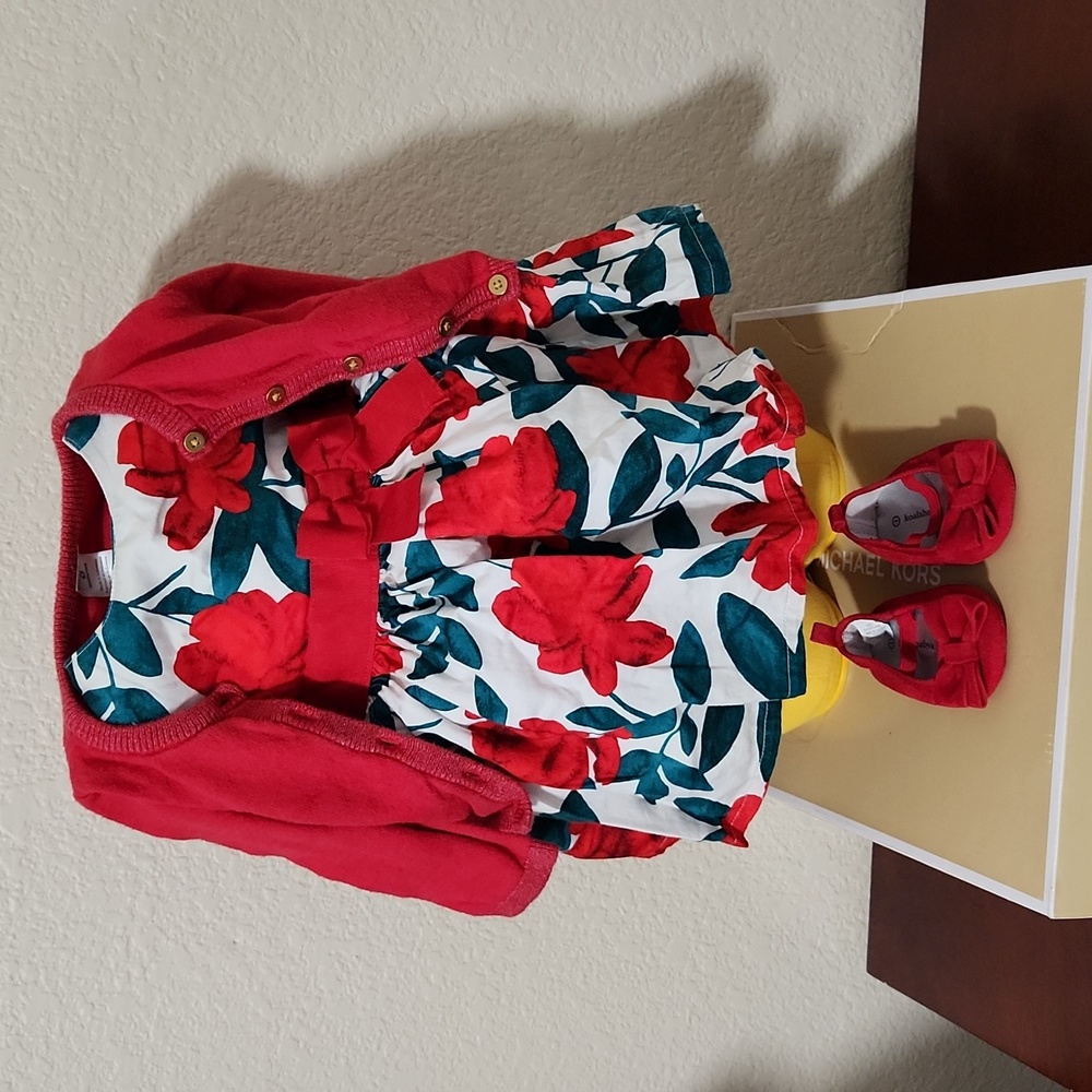 Carters dress, shoes and sweater set size 6 months
